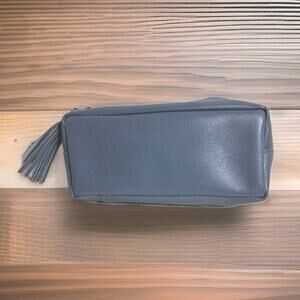 Valentina Blue Gray 100% Pebbled Leather Cosmetic Make Up Bag Made In Italy NWT